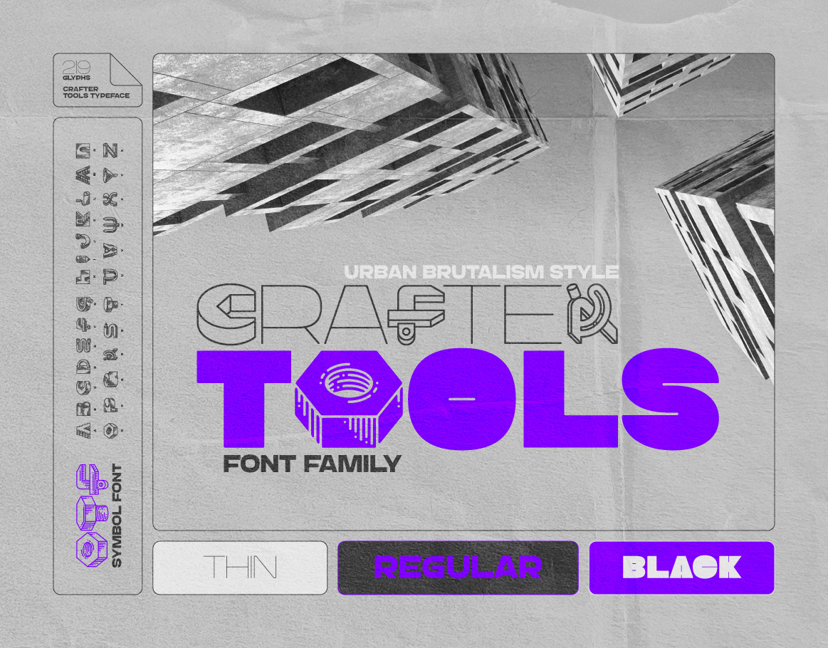 Crafter Tools Font Family alphabet branding builder craft crafter creative design font icon lettering symbols tools type typeface typography ui