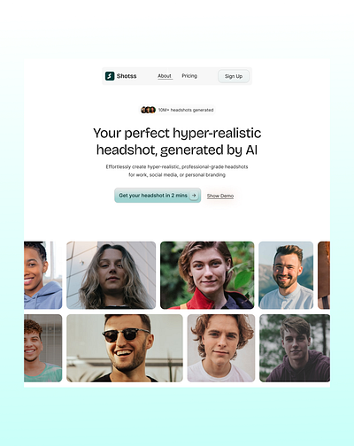 Shotss: Landing page design for AI headshot generator app branding design figma homepage landing page responsive ui ui ux ux web web design website design