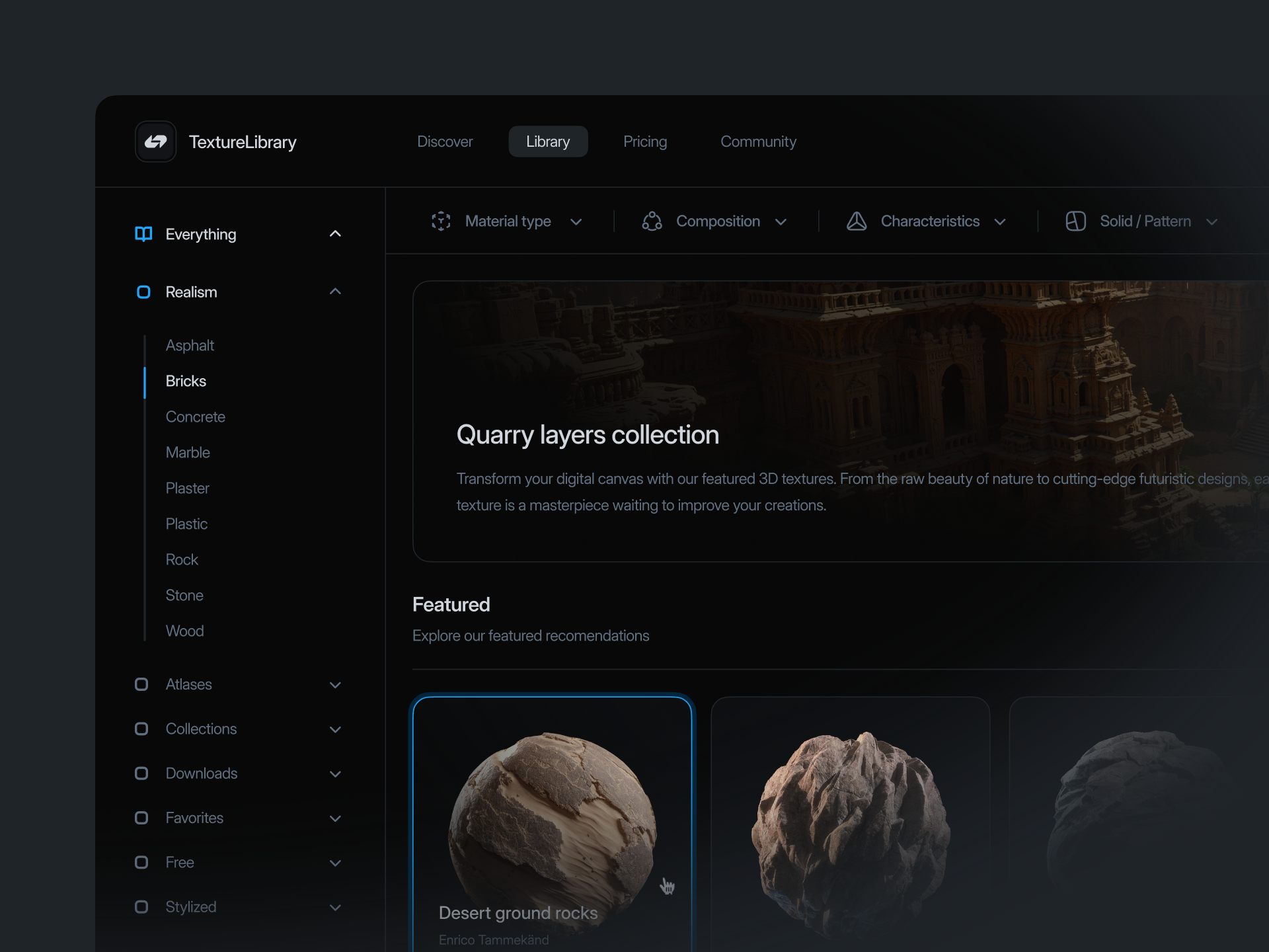 3D Resources library — Website concept 3d 3dlibrary 3dresources cgi cleanui darkmode dashboard filters library navigation textures userinterface website