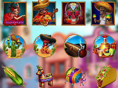 Animation of the Set of slot symbols for Mexican themed slot 2d animation 2d art 2d motion 2d symbols animation design characters animation gambling gambling art gambling design game art game design graphic design mexican slot motion dsign motion graphics slot animation slot characters slot design slot symbols symbols animation