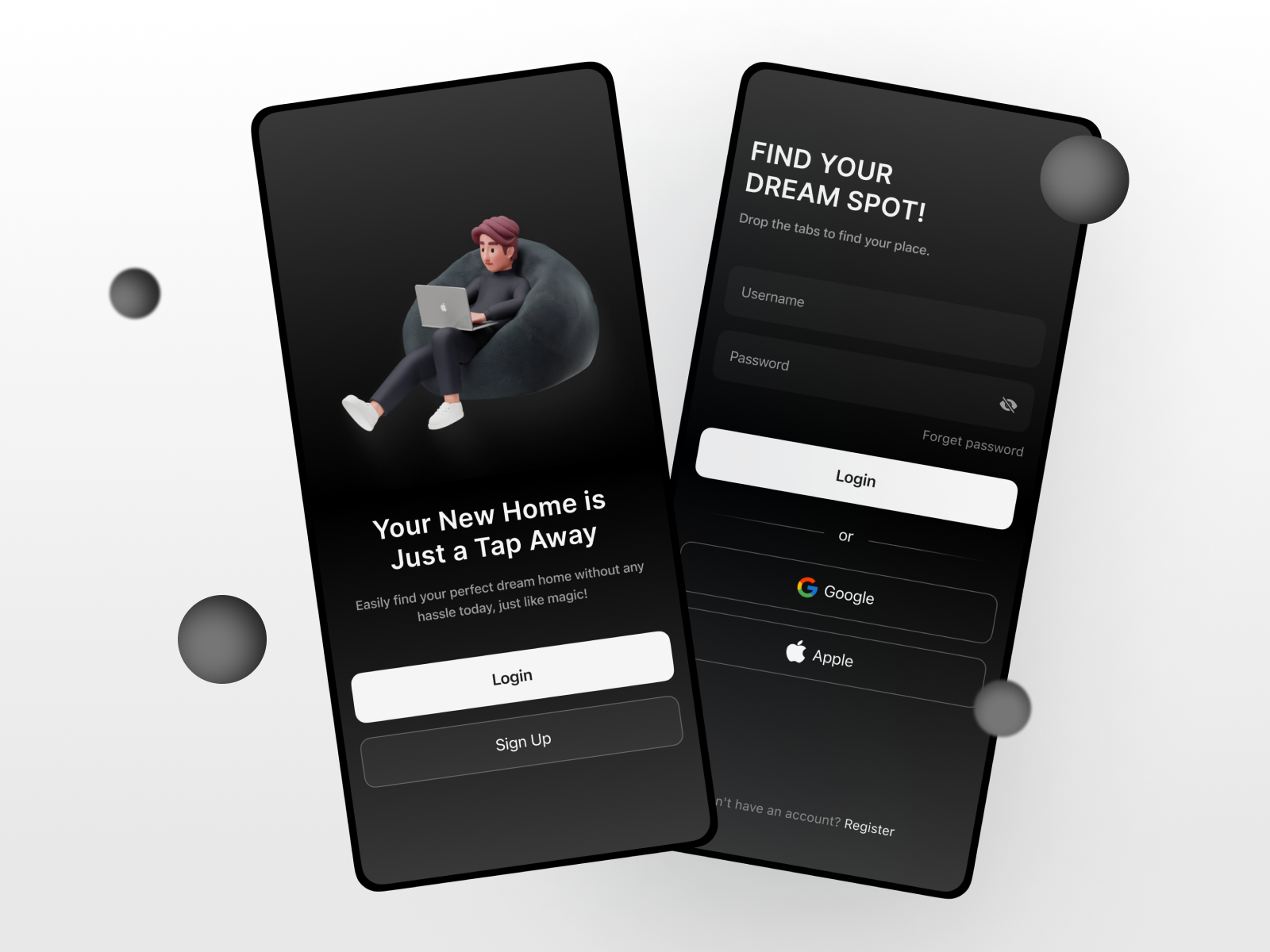 Login / On boarding - Dark mode 3d clean dark darkmode login loginpage minimal minimalistic mobile mobileapp modern nightmode onboarding productivity register signup ui user experience userinterface ux