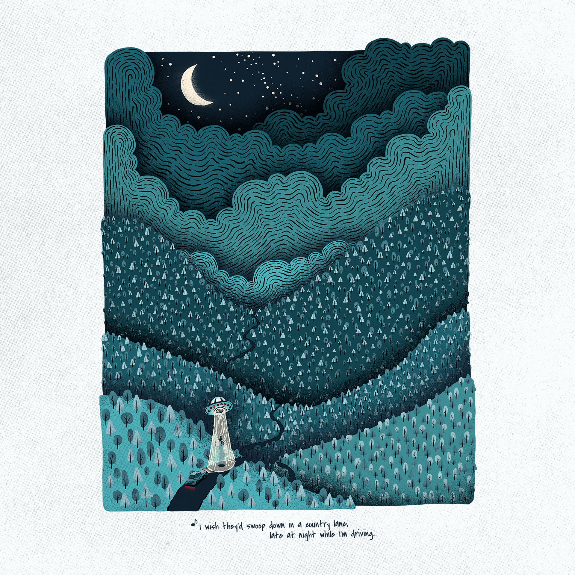 Take me aboard their beautiful ship clouds digital art hills illustration night song lyrics trees ufo