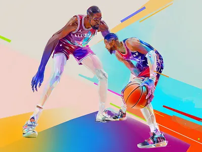 Kevin Durant vs Damian Lillard background basketball colors drawing. graphic design illustration nba portrait sports