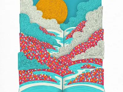 Lost in a Book book books clouds color colour hills illustration nature reading trees