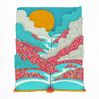 Lost in a Book book books clouds color colour hills illustration nature reading trees