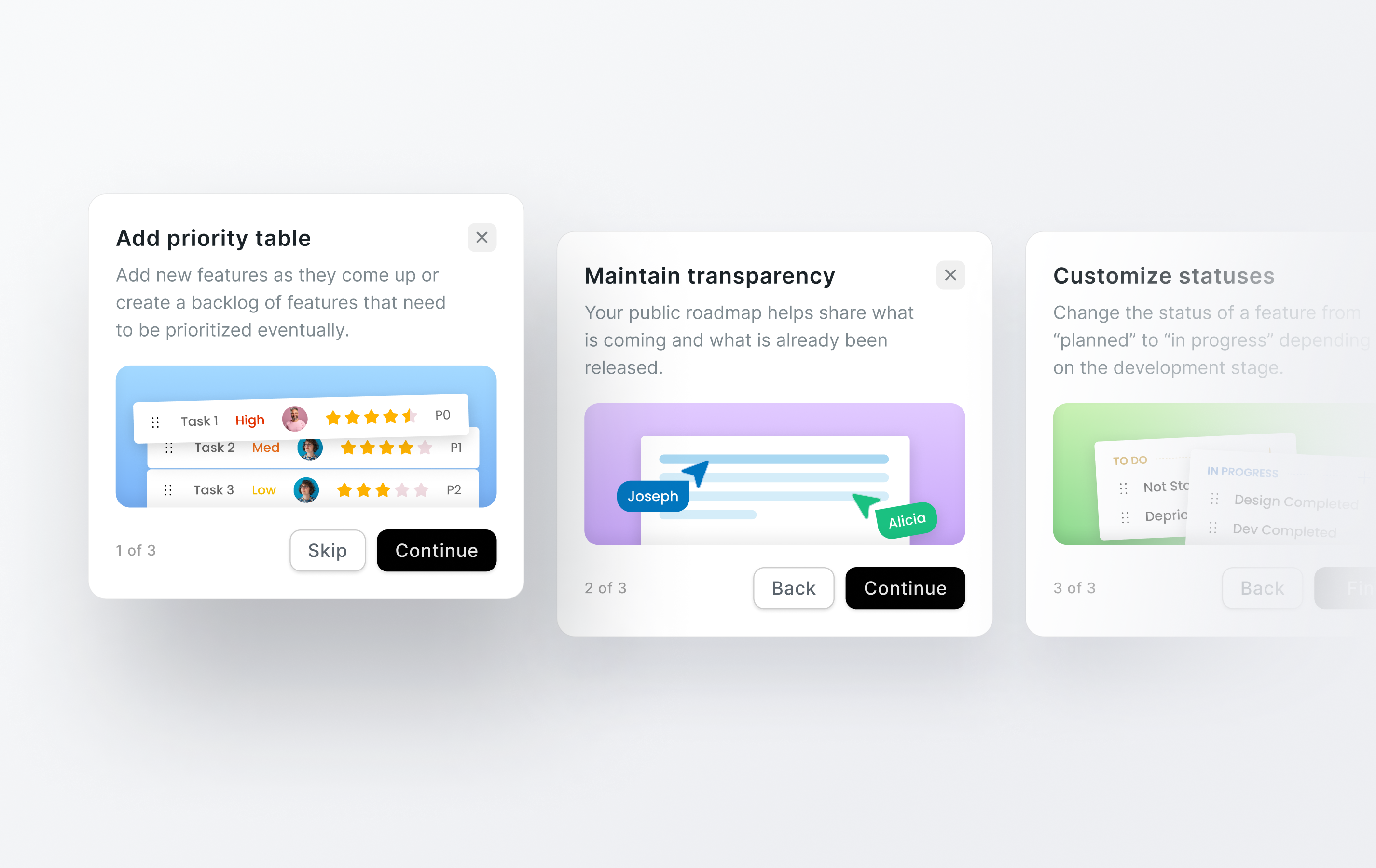 Product onboarding guide cards bento blur card cards collaboration features gradiant grid guide login mobile onboarding productivity shadow signup skip tour ui web design webapp