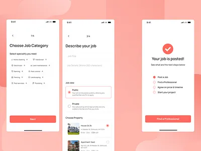 Property Management Platform - Post Job app application design flow job post flow mvp new design post post job posting product property real estate real product service provider success screen ui user flow ux