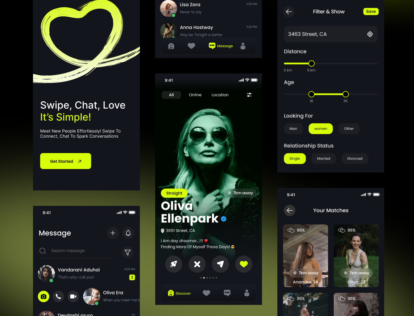 Modern Dating App – Swipe, Match, and Connect Instantly app design bisuness growth business app connecting app dark app design dark theme design dating app ios app design landing page design love app minimal app minimal design mobile app design modern app movie app social app social media app vector