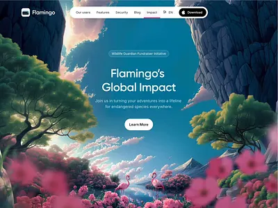 Landing Page donation flamingo framer fundraiser ghibli illustration landing midjourney pink prototype travel