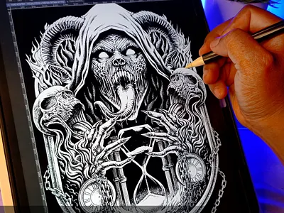 TIME KEEPER (ink) apparel clothing gothic gothic art halloween horror illustration metal metal art metal merch monster nft nft artist scary skeleton skull spooky time time keeper time travel