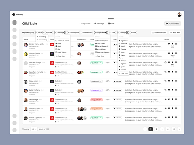 Lucidity · CRM Table crm dashboard filter leads product design table ui ux web design