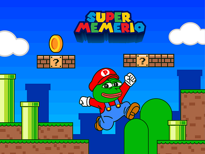 "SuperMemerio" Meme Coin Project Crypto🐸👨‍🔧🍄🪙 bitcoin blocks branding cartoon character coin crypto currency cute doodle flat frog game icon illustration logo meme pepe coin super mario super memerio