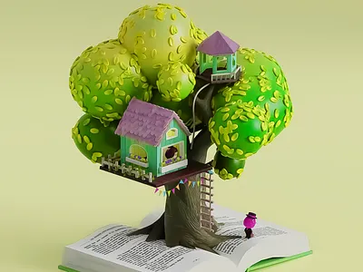 Fantasy Home in a Tree - 3D 3d 3d art 3d art work 3d fantasy art 3d tree 3d visual 4creative desig abstract book clean colorful creative 4creative desig fantasy graphic design house in a tree open book magic roots of book surreal treehouse whimsical
