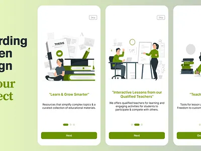 Onboarding Screens app black design green illustration mobile onboarding screens theme typography ui ux
