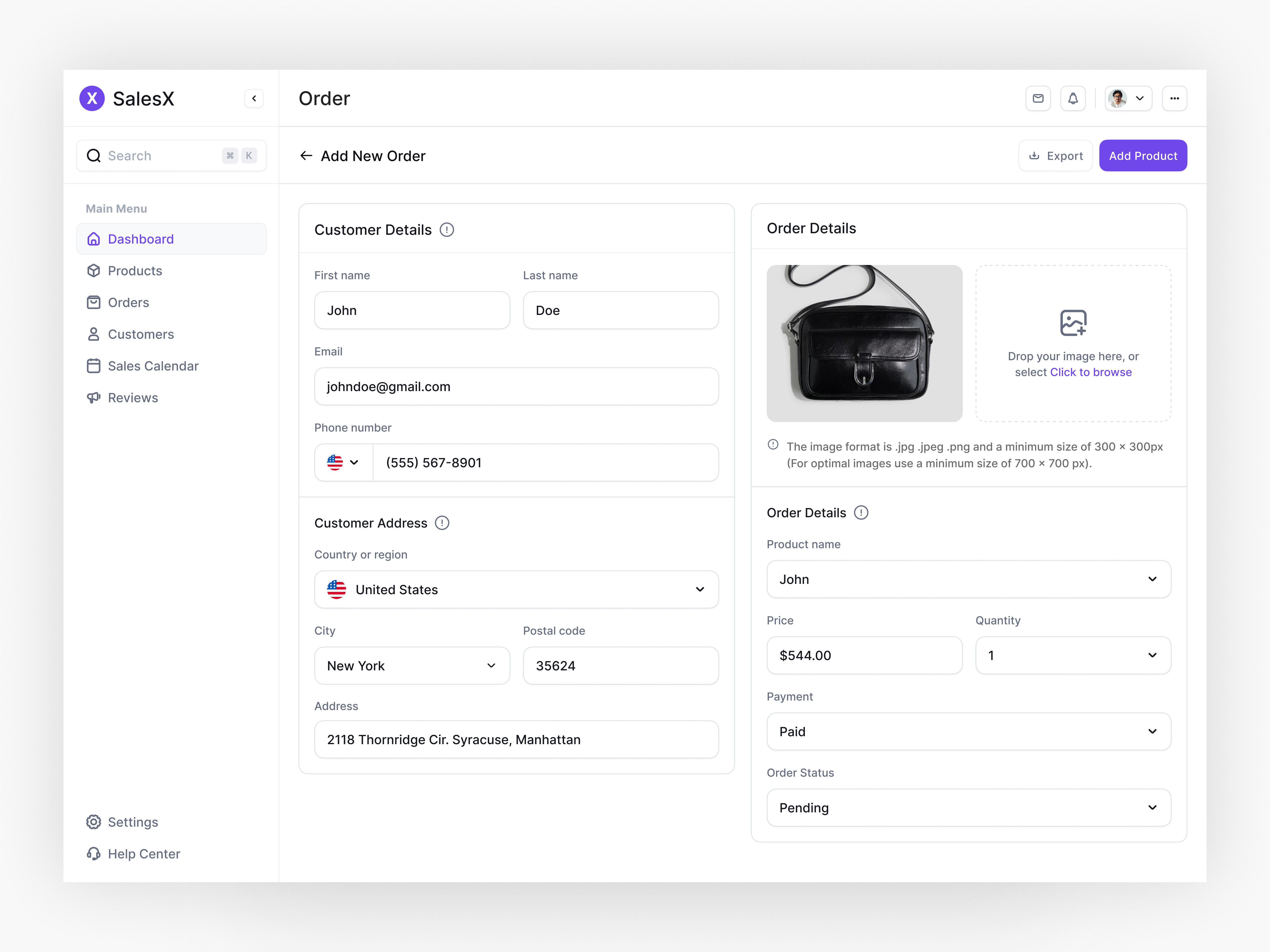 Example of Add New order dashboard screen