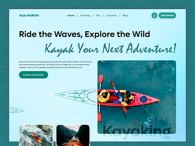 Kayaking Website Hero Section Design - AquaGlide adventure camping canoe header hero page hero page design hero section home page kayaking lake landing page landing page design minimal outdoors river travel travel agency waterways web design website design