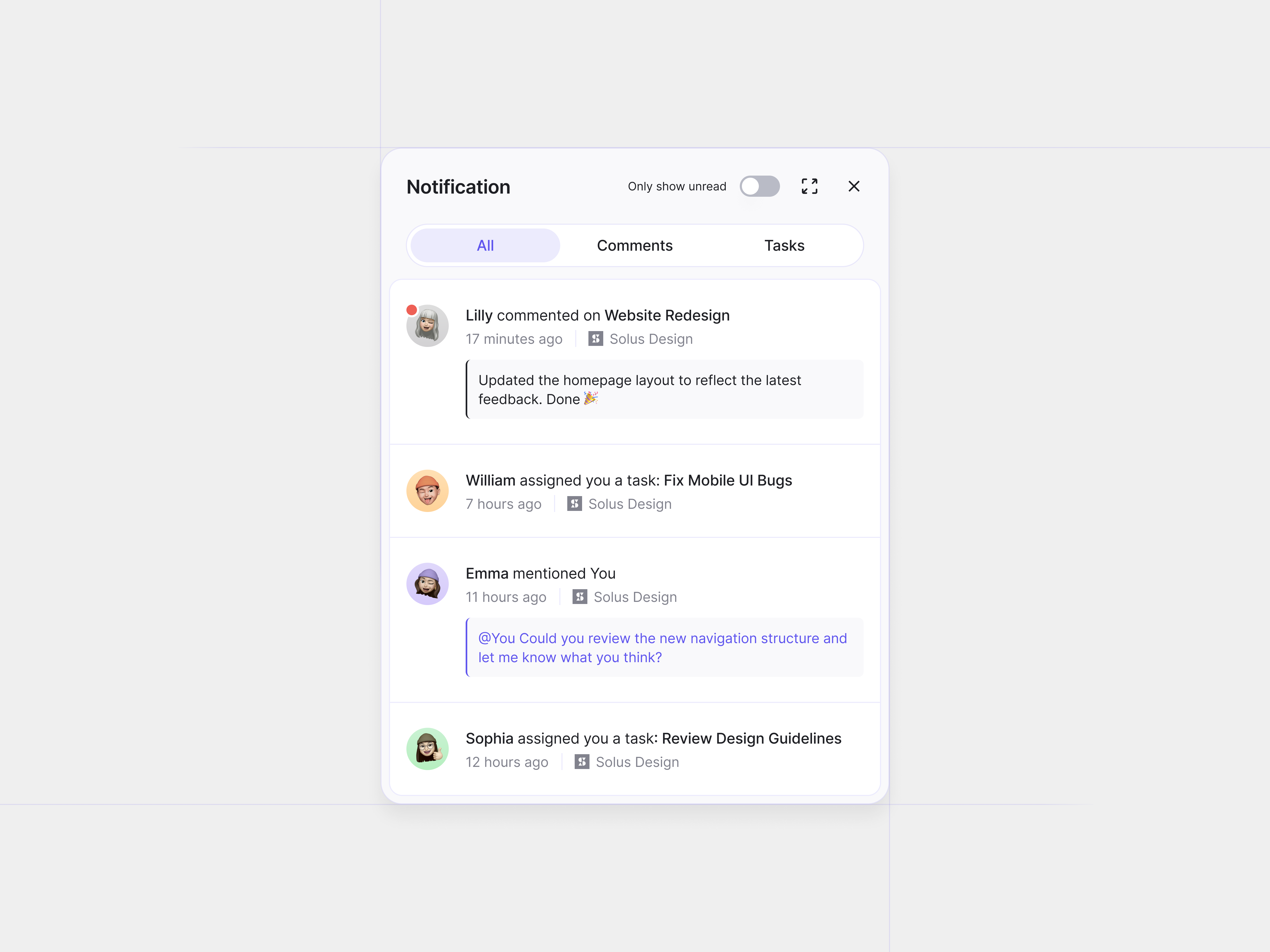 Notification Sidebar for Project Management app app design comments dialog mention modal notification right bar saas segment sidebar tasks ui ui design uiux ux ux design