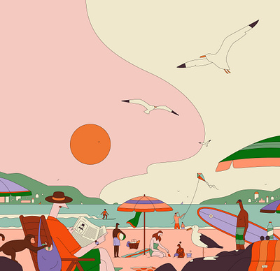 Summer Break beach character holiday illustration kite monkey newspaper seagull summer surf