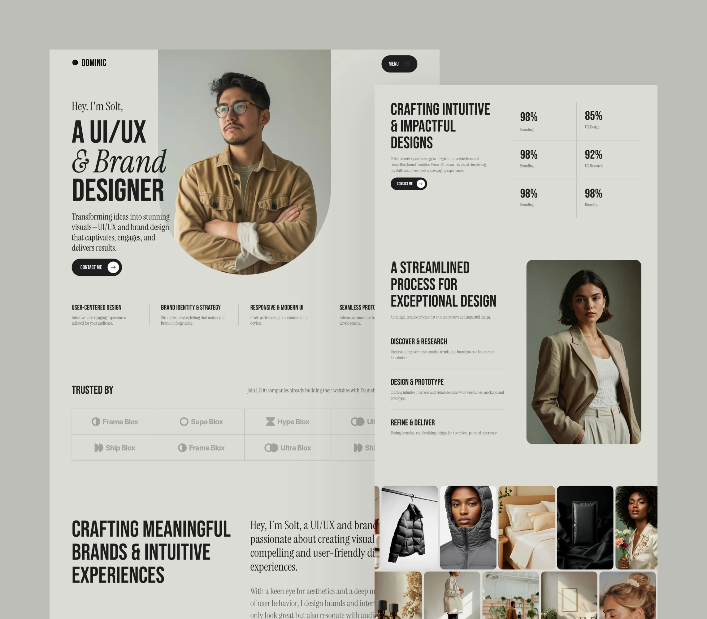 Portfolio website landing page for Framer, built with Frameblox cta design designer framer header headline hero home landing navigation personal portfolio site template ui ux webdesign website