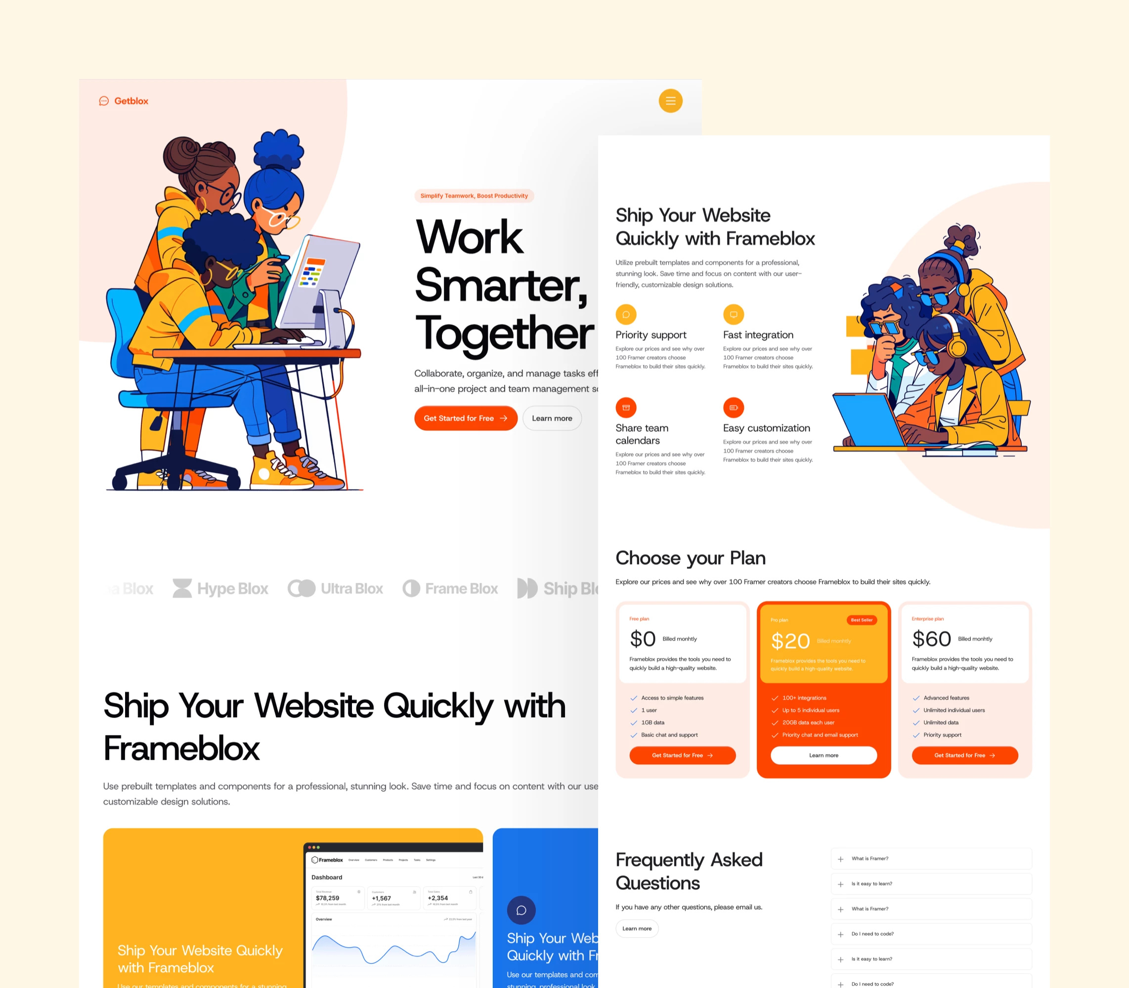 Landing page Framer template built with Frameblox UI kit app cta framer header headline hero home page illustration landing saas section team template ui web design webdesign website