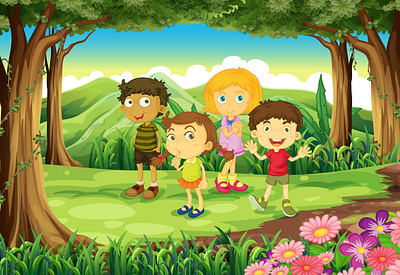 Four kids forest 3d animation branding graphic design logo motion graphics
