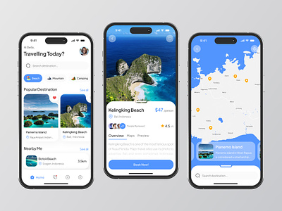 Travy - Mobile Travel App app app design application beach destination holiday kelingkingbeach mobile mobile app mobile app design mobile travel app mobile ui nusapenida travel travel app travel mobile app ui uiux design user interface vacation