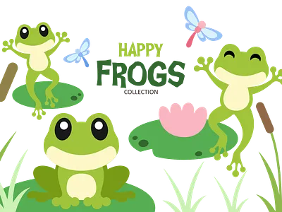 Happy Frogs animals cute dragonfly flat design frogs graphic design illustration lily vector