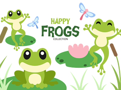 Happy Frogs animals cute dragonfly flat design frogs graphic design illustration lily vector