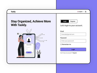 Taskly - Task Management Register Page activity clean daily dashboard design login login form login page onboarding register register ui saas saas landing page signup signup ui task task management ui ui design ux