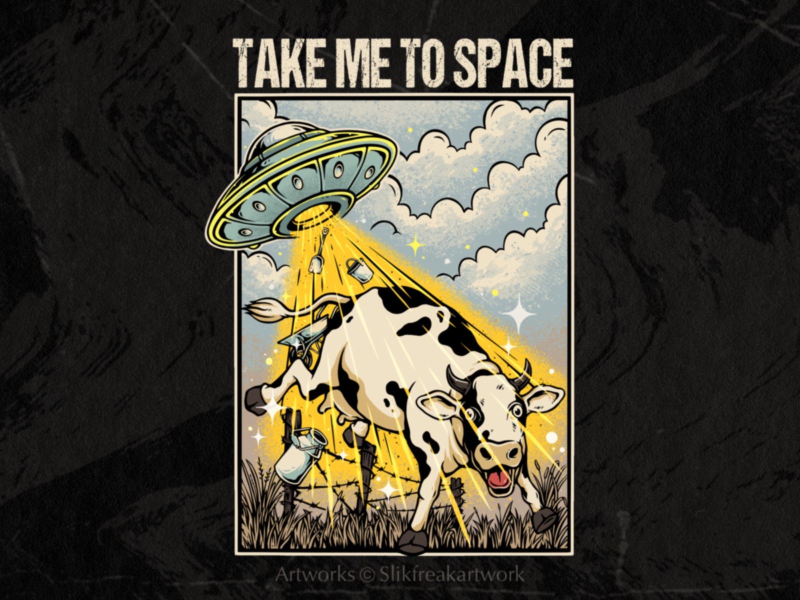 Cow Abduction Illustration for Merchandise abduction alien apparel design artwork branding clothing cow design drawing flying saucer graphic design hand drawn illustration merch scifi tshirt tshirt design ufo vintage