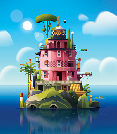 Pink lighthouse adventure city futur illustration light lighthouse neon pink poster print retro rose travel trystram