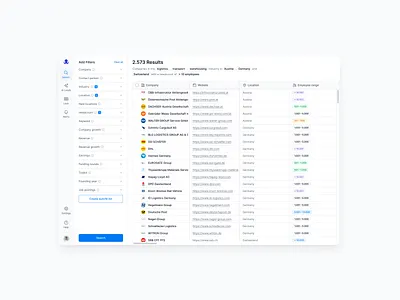 Octrace Search Results b2b sales platform columns filter rows search results table table component ui user experience user interface design ux