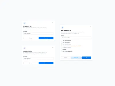 Manage Your Lead Lists — Modals action modals actions add to list b2b sales platform create a list modal molecule component pop ups ui user experience user interface user interface design ux