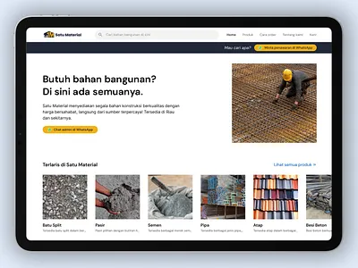 🚧 Satu Material – Simplifying Construction Supply 🏗️ app blue branding clean constructionmarketplace constructiontech design designforbusiness marketplacedesign modern ui uiux webdesign yellow