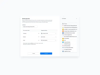 Enrich Your List Modal b2b sales platform data enrichment design enrich modal modal component ui user experience user interface ux
