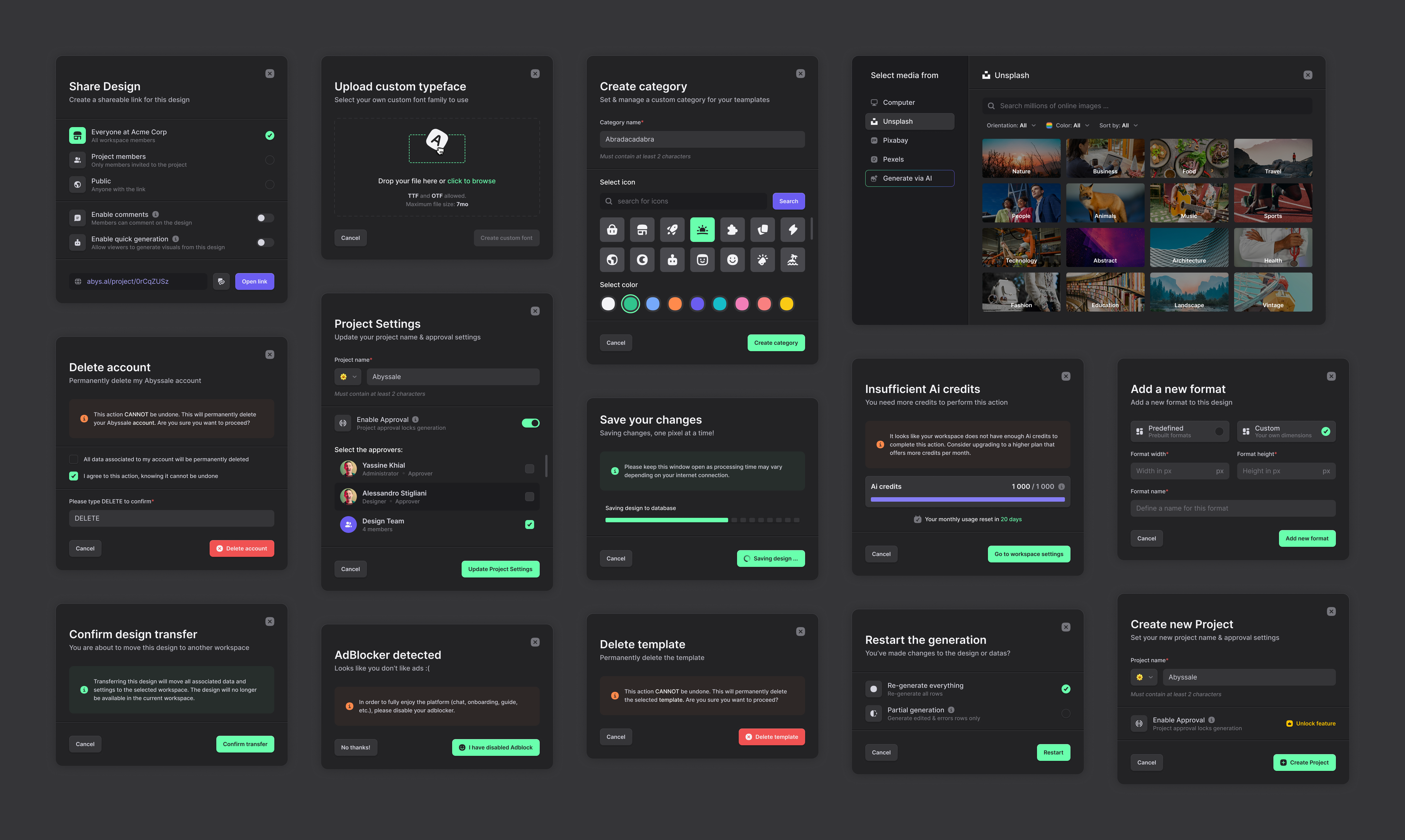 Abyssale - modals - Nautilus Ui-Kit abyssale ai credits create category creative automation delete account design error modals import fonts media selector modal ui modals share ui ux