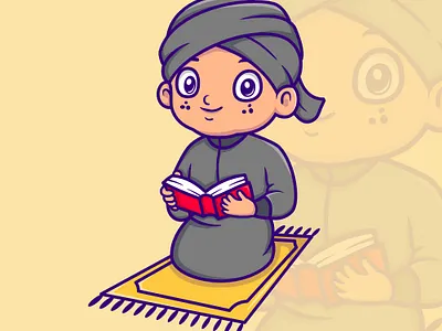 Cute muslim boy reading Quran cebred toon