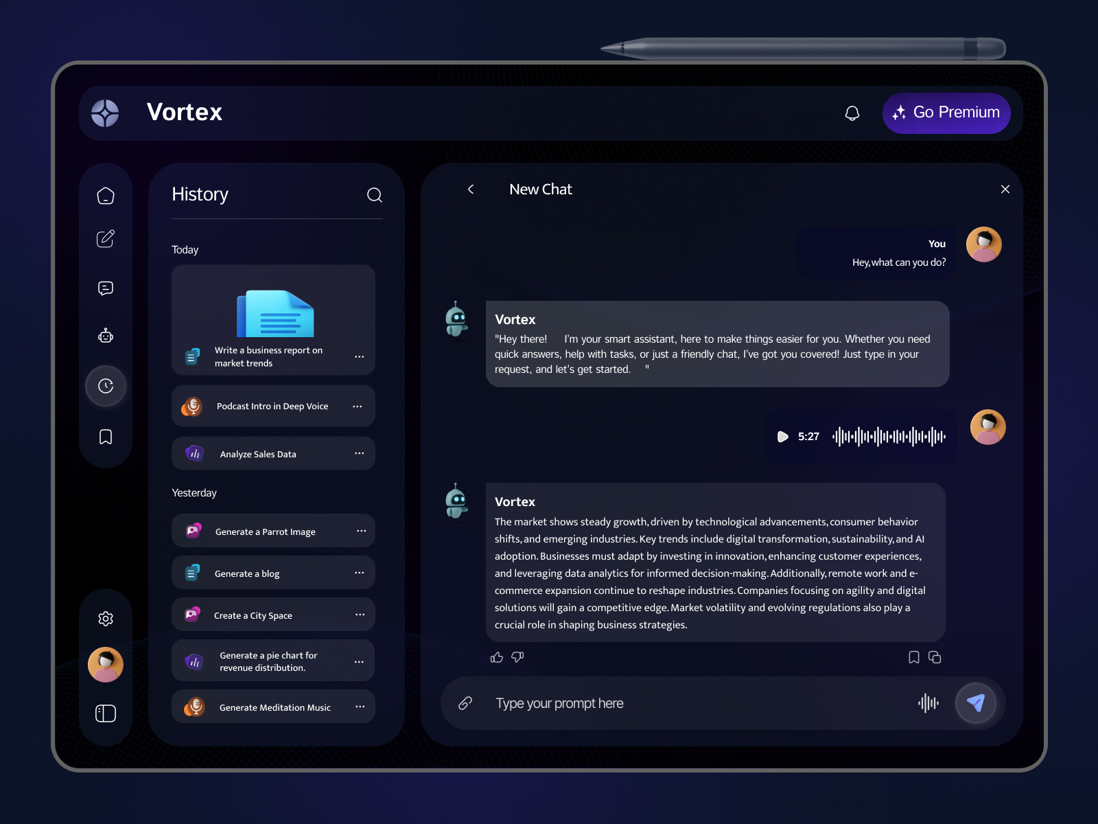 Vortex – AI Chatbot Dashboard UI ai artificial intelligence assistant bmvsi chat chat bot chatbot chatgpt gpt message openai product design prompt robot ui ux web