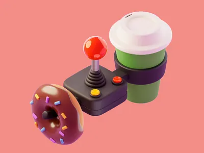3D Illustration: Coffee, Donuts & Play 3d 3d abstract art 3d coffee 3d design 3d donut 3d objects blender art bold colors digital art donut lover food design food fusion game on gaming vibes minimal 3d nostalgic vibe playful 3d retro joystick smooth texture vibrant colors