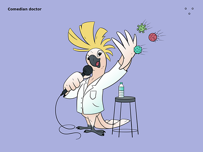 Comedian doctor 2d animal doctor flat gradient health illustration medical microphone parrot stage