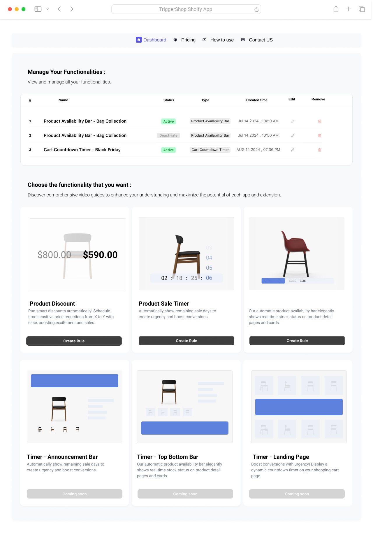 App Dashboard - triggershop app availibily bar count down dashboard discount figma motion graphics setting shop shopify ui ux