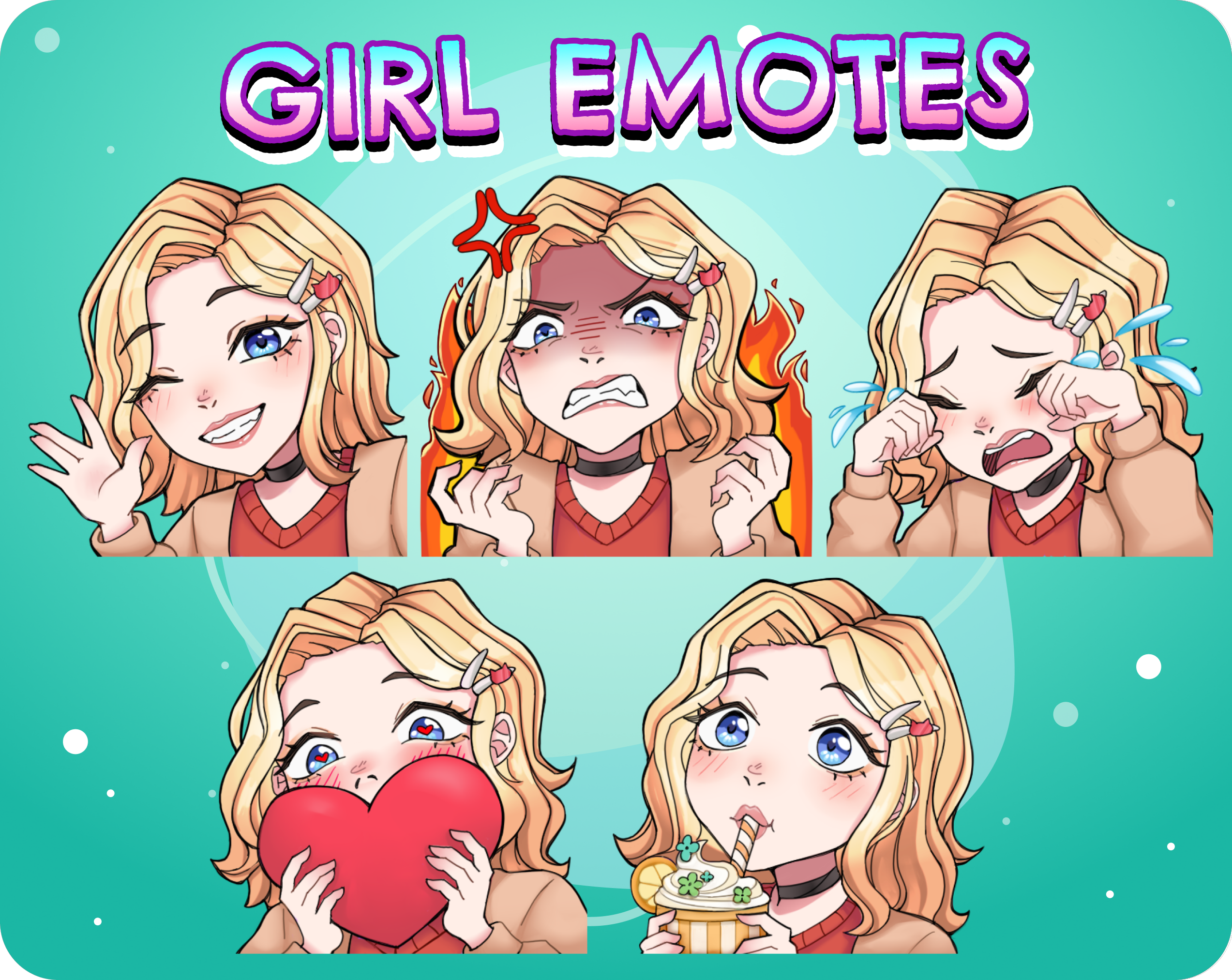 Premade girls emotes for Twitch chibi emotes discord emotes stream streaming trovo twitch