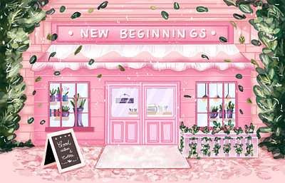 New Beginnings cafe cafe illustration editorial facade flat illustrations graphic design illustration pink