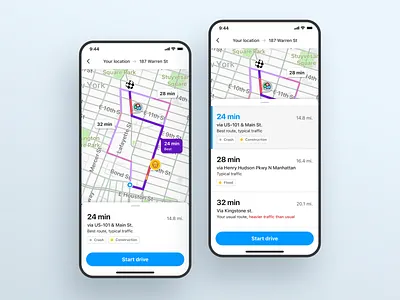 Waze App - Trip Overview button card drawer google header ios ios app map alerts map overview map pins mobile app product design route selected sheet trip overview ui ux uxui waze