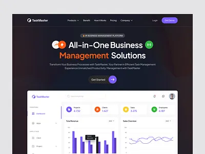 Taskmaster | Business Management SaaS Landing Page analytics business landing page management minimal platform saas tracking web website