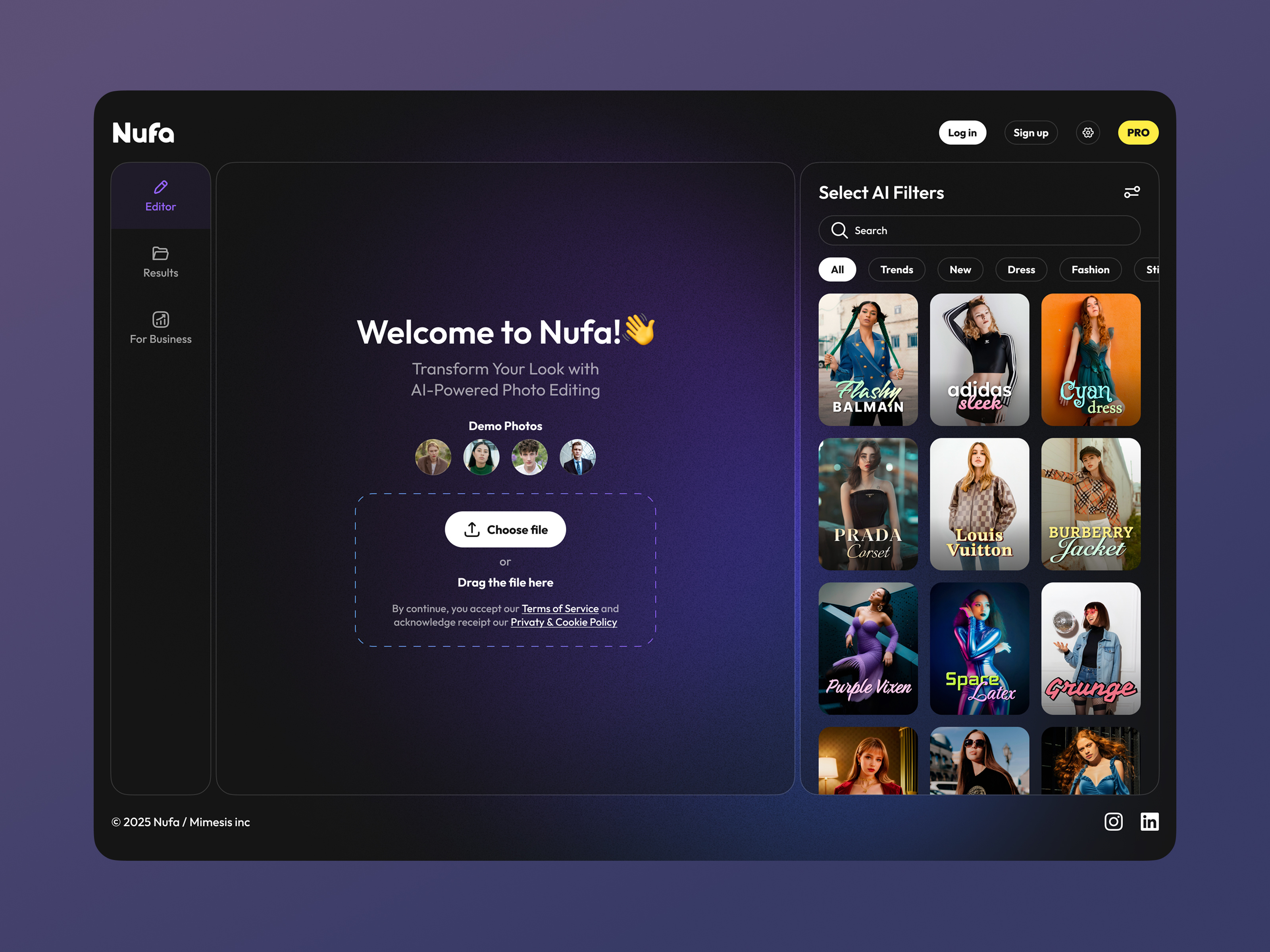 Nufa AI ai ai editor ai filters design desktop editor interaction minimal photo editor ui user interface ux web