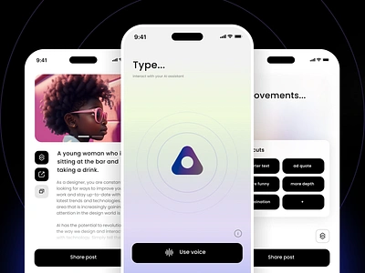 Content Creation App ai app artificial intelligance chatgpt dalle2 midjourney mobile screen design socialmedia ui design voice vui