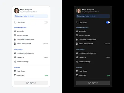User Dropdown UI Design, Light & Dark Mode dailyui dropdown interface product design ui uiux user profile ux web design