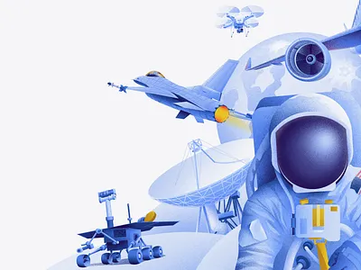 Aerospace Innovation aerospace aircraft airplane antenna astronaut aviation drone exploration explore illustration industry innovation moon robot robotics satellite science space spacecraft technology