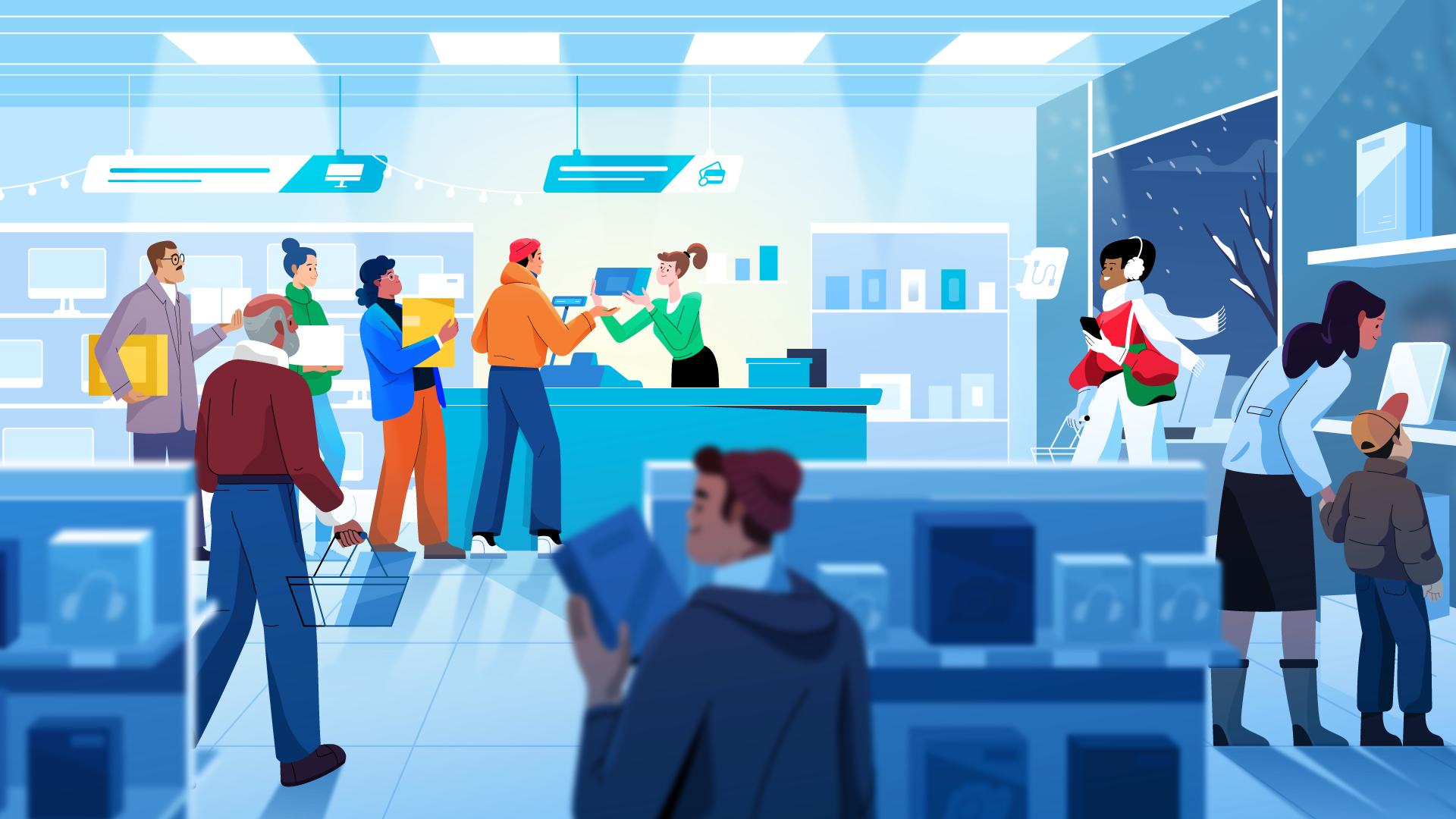 Winter Shopping Rush 3d animation branding explainer graphic design logo motion graphics retail shopping styleframe ui